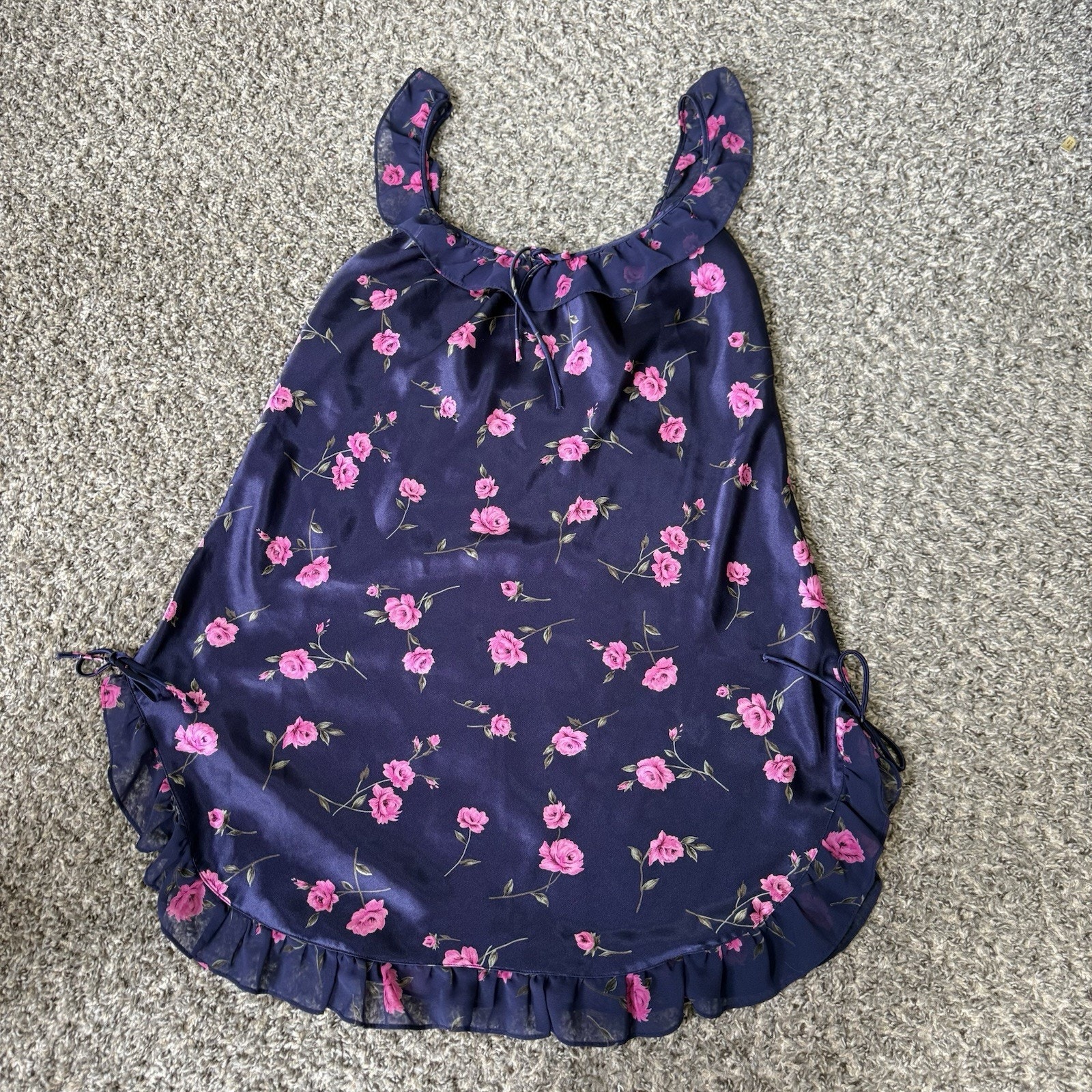Vtg Cinema Etoile Blue Pink Floral Satin Babydoll Lingerie Slip Dress Y2k 90s M